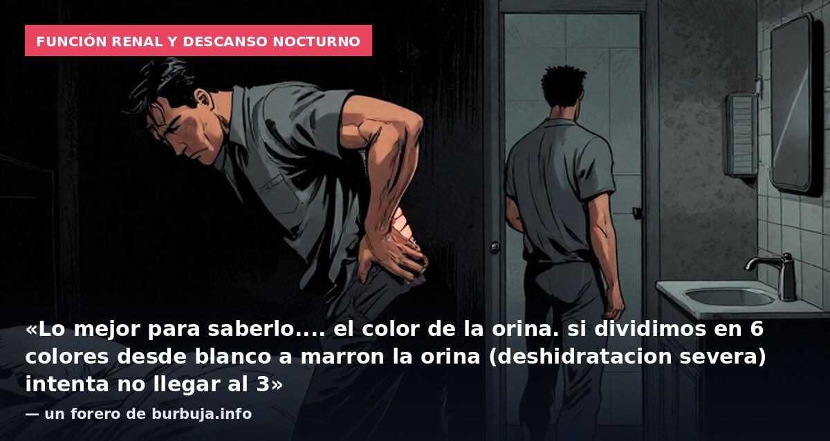 Función renal y descanso nocturno: «Lo mejor para saberlo.... el color de la orina. si dividimos en 6 colores desde blanco a marron la orina (deshidratacion severa) intenta no llegar al 3» — un forero de burbuja.info