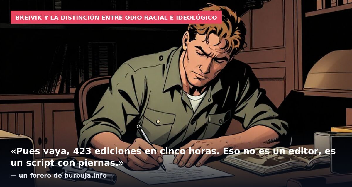 Breivik y la distinción entre odio racial e ideológico: «Pues vaya, 423 ediciones en cinco horas. Eso no es un editor, es un script con piernas.» — un forero de burbuja.info