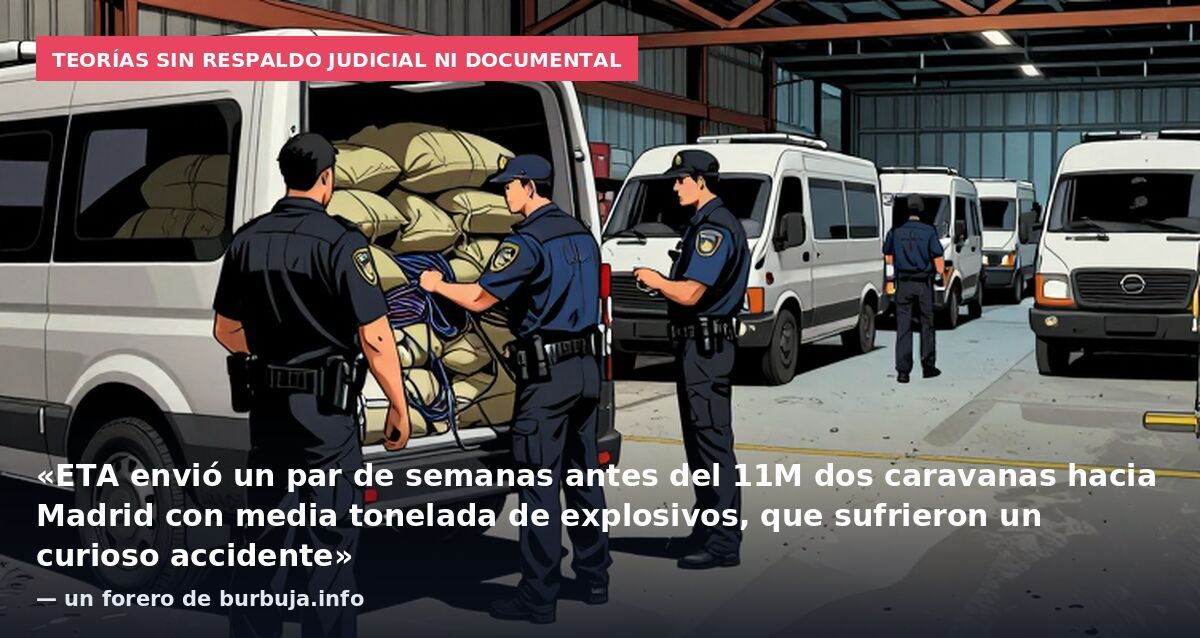 Teorías sin respaldo judicial ni documental: «ETA envió un par de semanas antes del 11M dos caravanas hacia Madrid con media tonelada de explosivos, que sufrieron un curioso accidente» — un forero de burbuja.info