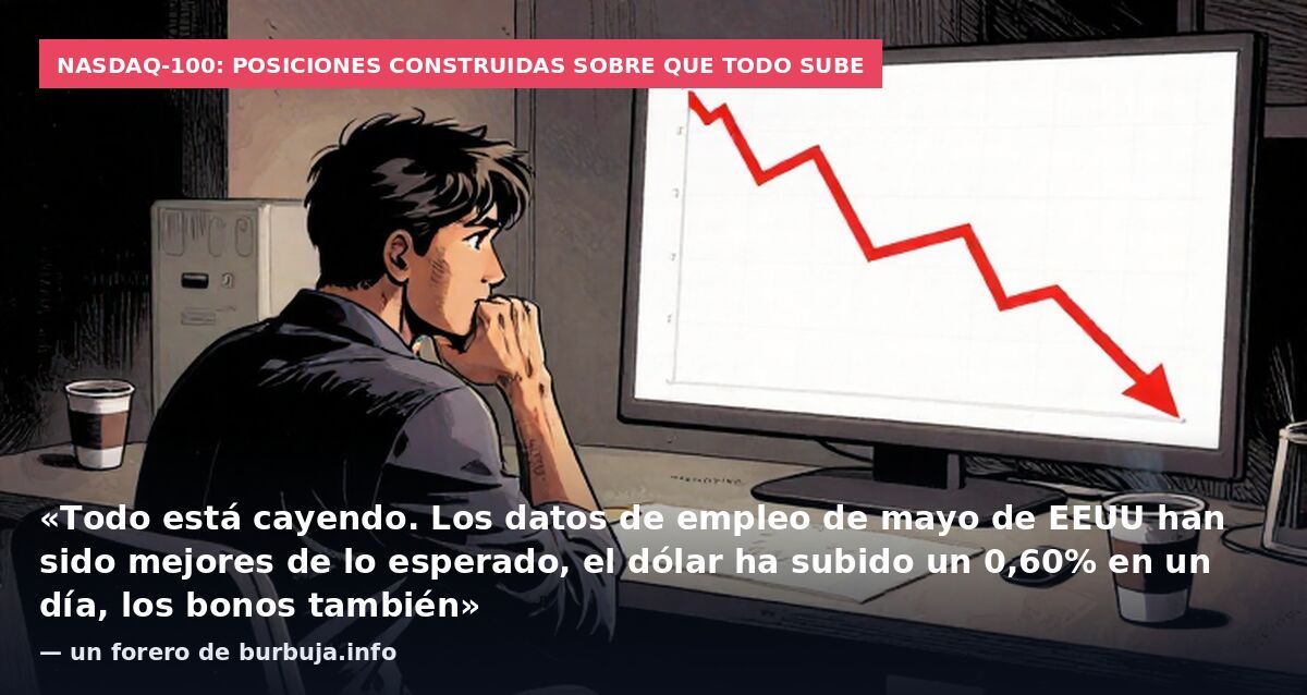 Nasdaq-100: posiciones construidas sobre que todo sube: «Todo está cayendo. Los datos de empleo de mayo de EEUU han sido mejores de lo esperado, el dólar ha subido un 0,60% en un día, los bonos también» — un forero de burbuja.info