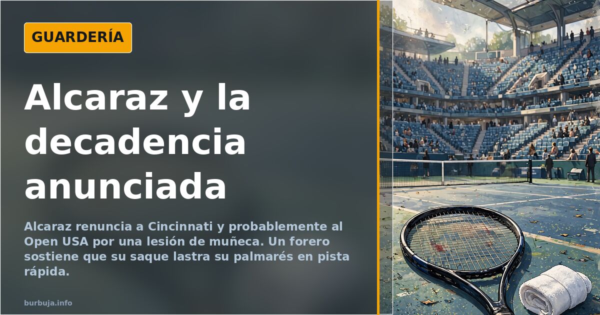 Ilustración de Carlos Alcaraz con gesto de dolor en la muñeca derecha durante un partido de tenis