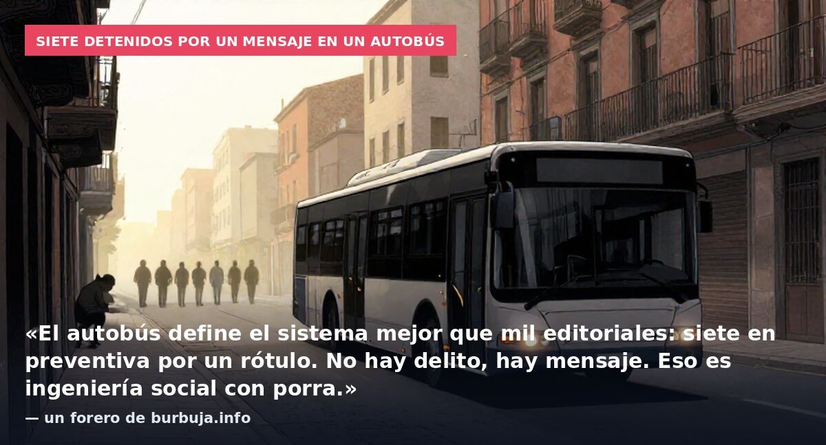 Siete detenidos por un mensaje en un autobús: «El autobús define el sistema mejor que mil editoriales: siete en preventiva por un rótulo. No hay delito, hay mensaje. Eso es ingeniería social con porra.» — un forero de burbuja.info