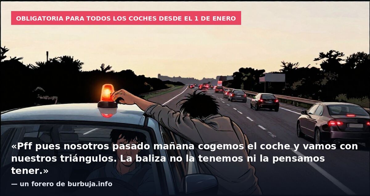 Obligatoria para todos los coches desde el 1 de enero: «Pff pues nosotros pasado mañana cogemos el coche y vamos con nuestros triángulos. La baliza no la tenemos ni la pensamos tener.» — un forero de burbuja.info