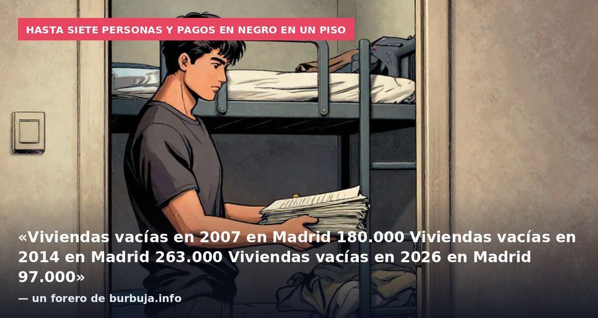 Hasta siete personas y pagos en negro en un piso: «Viviendas vacías en 2007 en Madrid 180.000
Viviendas vacías en 2014 en Madrid 263.000
Viviendas vacías en 2026 en Madrid 97.000» — un forero de burbuja.info