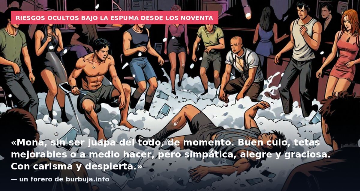 Riesgos ocultos bajo la espuma desde los noventa: «Mona, sin ser juapa del todo, de momento. Buen culo, tetas mejorables o a medio hacer, pero simpática, alegre y graciosa. Con carisma y despierta.» — un forero de burbuja.info