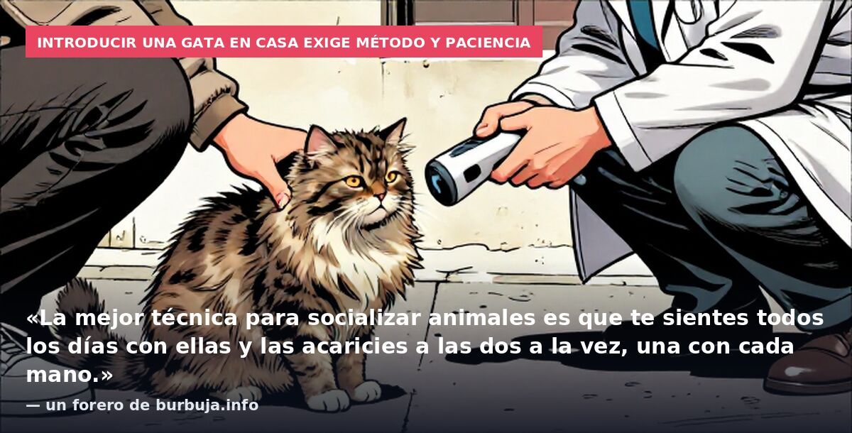 Introducir una gata en casa exige método y paciencia: «La mejor técnica para socializar animales es que te sientes todos los días con ellas y las acaricies a las dos a la vez, una con cada mano.» — un forero de burbuja.info