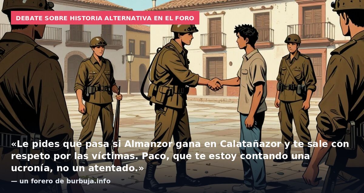 Debate sobre historia alternativa en el foro: «Le pides qué pasa si Almanzor gana en Calatañazor y te sale con respeto por las víctimas. Paco, que te estoy contando una ucronía, no un atentado.» — un forero de burbuja.info