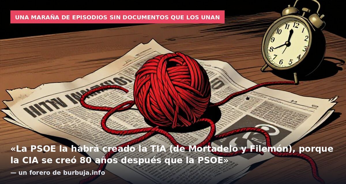 Una maraña de episodios sin documentos que los unan: «La PSOE la habrá creado la TIA (de Mortadelo y Filemón), porque la CIA se creó 80 años después que la PSOE» — un forero de burbuja.info