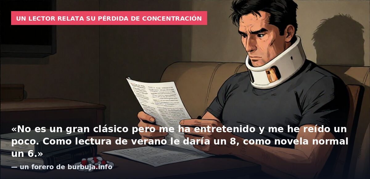 Un lector relata su pérdida de concentración: «No es un gran clásico pero me ha entretenido y me he reído un poco. Como lectura de verano le daría un 8, como novela normal un 6.» — un forero de burbuja.info