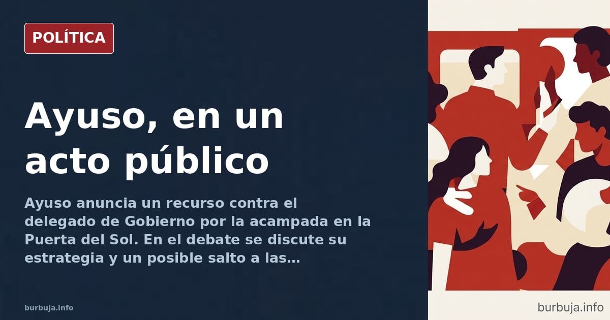 Isabel Díaz Ayuso en un atril con banderas de España y Madrid, gesto desafiante, paleta roja y azul