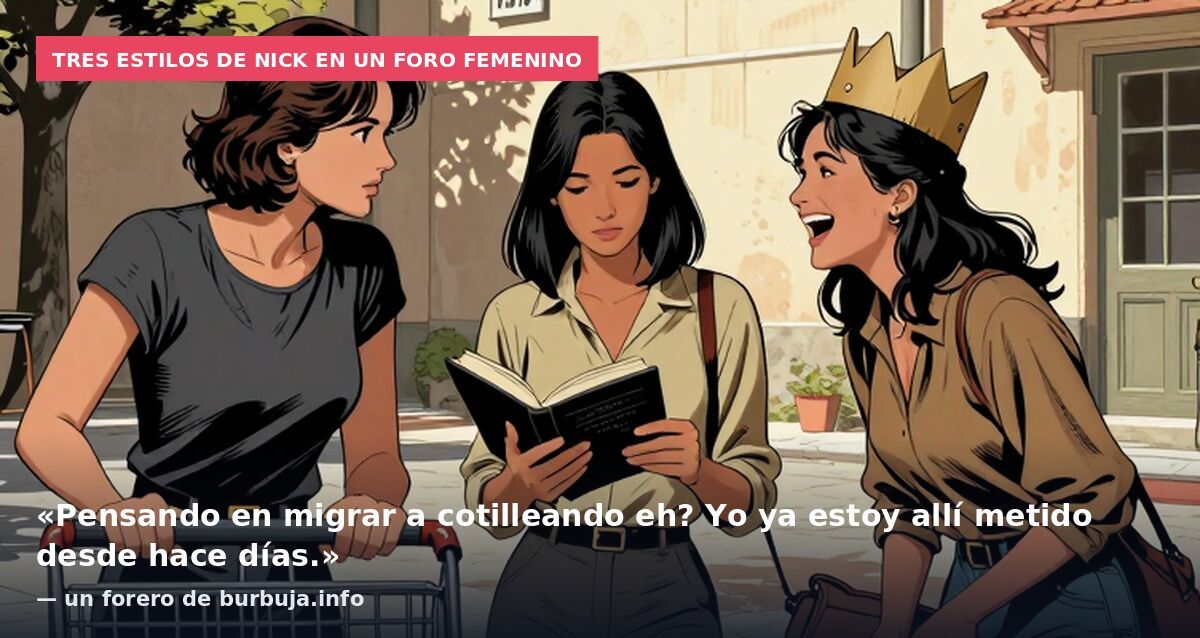Tres estilos de nick en un foro femenino: «Pensando en migrar a cotilleando eh? Yo ya estoy allí metido desde hace días.» — un forero de burbuja.info