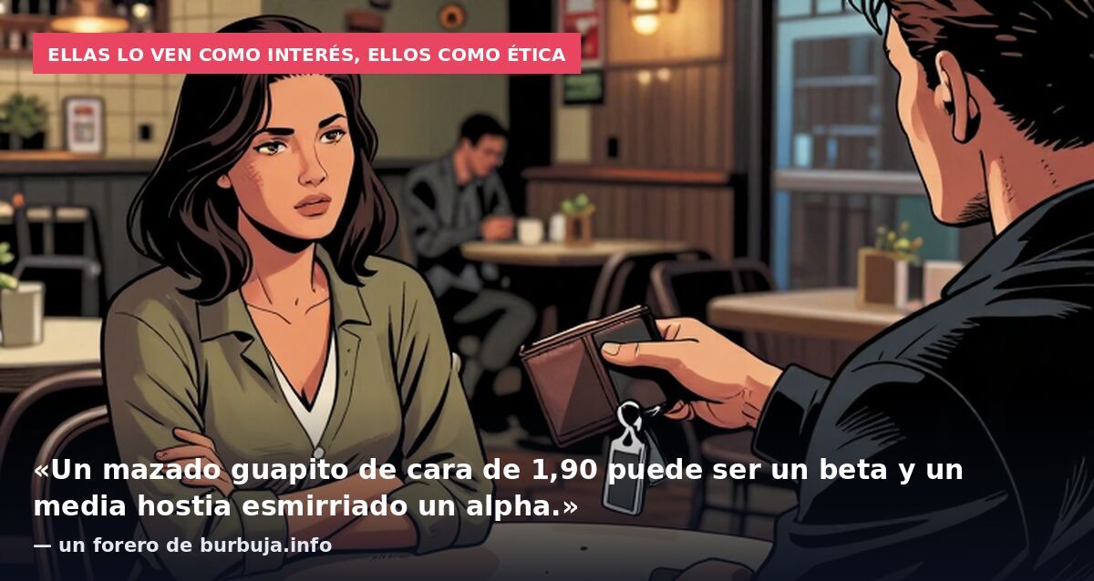 Ellas lo ven como interés, ellos como ética: «Un mazado guapito de cara de 1,90 puede ser un beta y un media hostia esmirriado un alpha.» — un forero de burbuja.info
