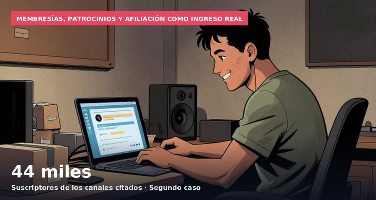 Membresías, patrocinios y afiliación como ingreso real: 44 miles Suscriptores de los canales citados · Segundo caso