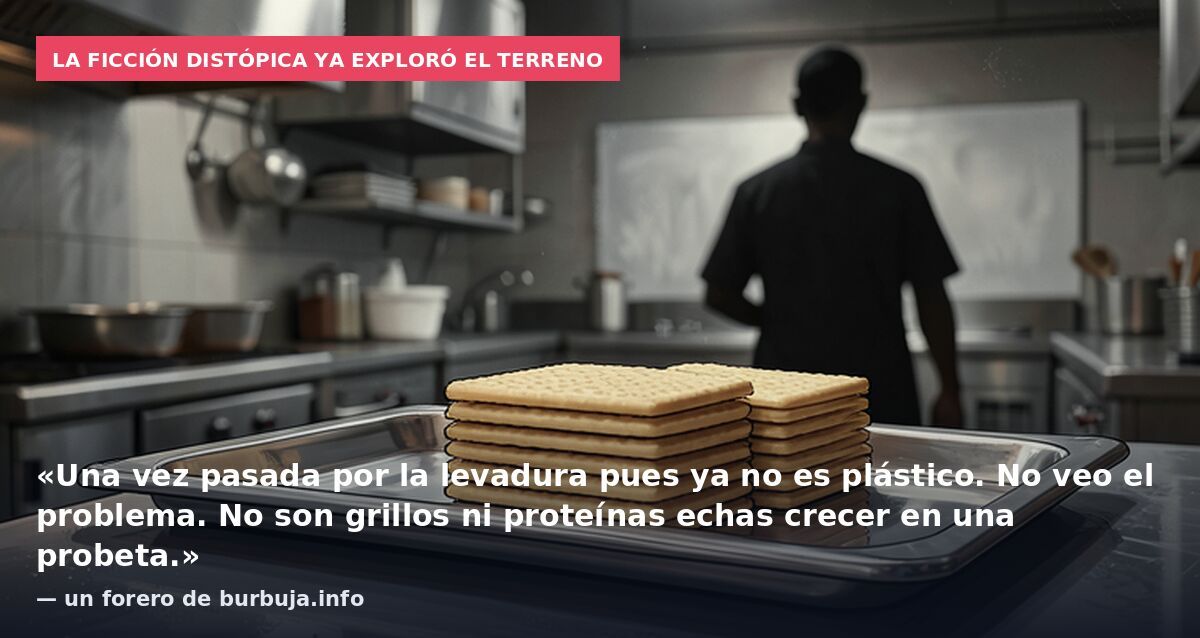 La ficción distópica ya exploró el terreno: «Una vez pasada por la levadura pues ya no es plástico. No veo el problema. No son grillos ni proteínas echas crecer en una probeta.» — un forero de burbuja.info