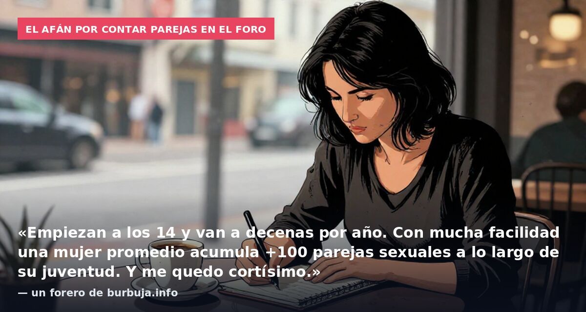 El afán por contar parejas en el foro: «Empiezan a los 14 y van a decenas por año. Con mucha facilidad una mujer promedio acumula +100 parejas sexuales a lo largo de su juventud. Y me quedo cortísimo.» — un forero de burbuja.info