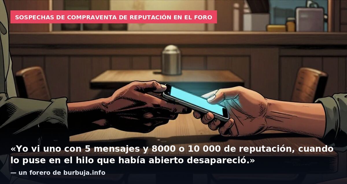 Sospechas de compraventa de reputación en el foro: «Yo vi uno con 5 mensajes y 8000 o 10 000 de reputación, cuando lo puse en el hilo que había abierto desapareció.» — un forero de burbuja.info