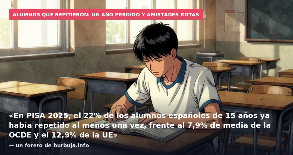 Alumnos que repitieron: un año perdido y amistades rotas: «En PISA 2025, el 22% de los alumnos españoles de 15 años ya había repetido al menos una vez, frente al 7,9% de media de la OCDE y el 12,9% de la UE» — un forero de burbuja.info