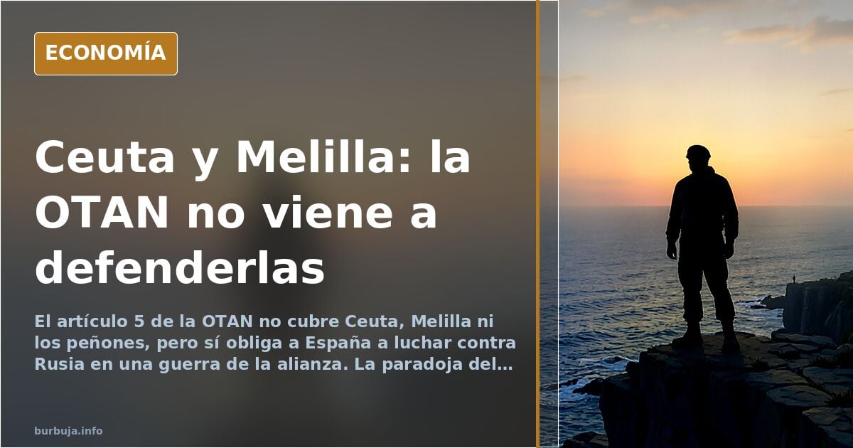 Ilustración editorial de un mapa del Estrecho de Gibraltar con Ceuta y Melilla fuera de un escudo azul y dorado que cubre la 