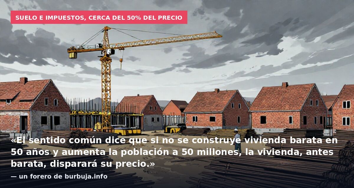 Suelo e impuestos, cerca del 50% del precio: «El sentido común dice que si no se construye vivienda barata en 50 años y aumenta la población a 50 millones, la vivienda, antes barata, disparará su precio.» — un forero de burbuja.info