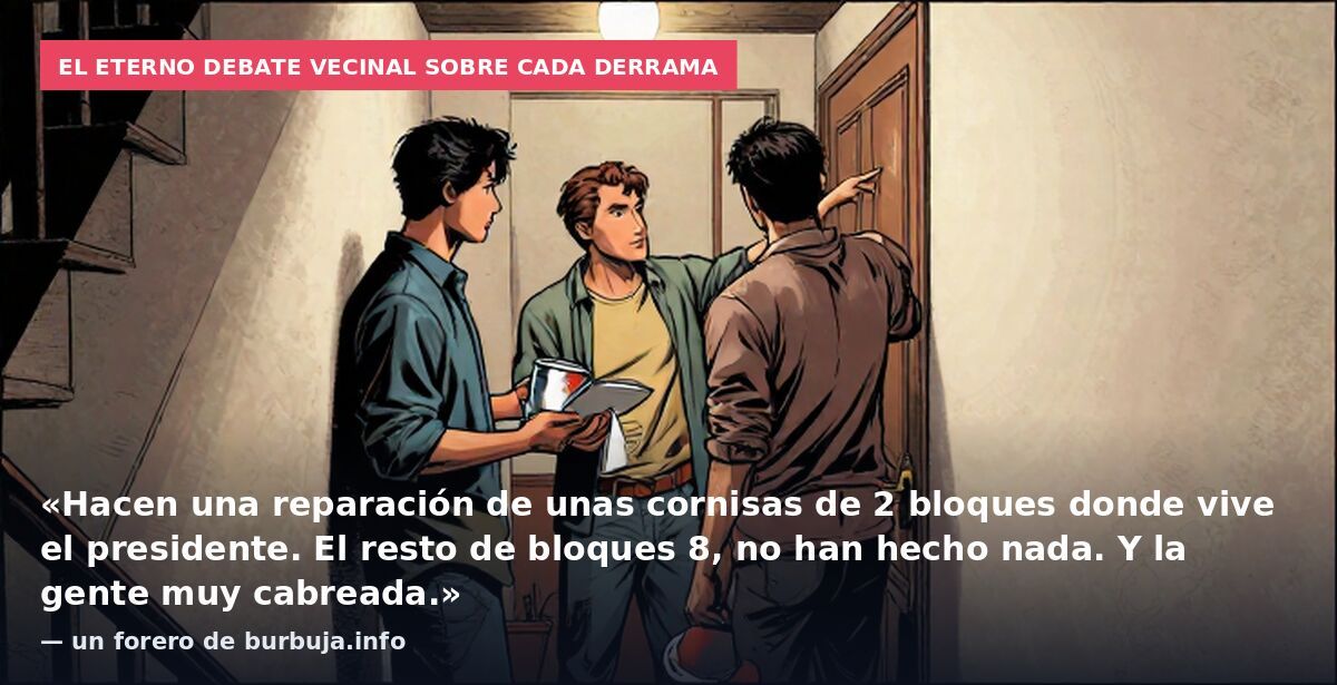 El eterno debate vecinal sobre cada derrama: «Hacen una reparación de unas cornisas de 2 bloques donde vive el presidente. El resto de bloques 8, no han hecho nada. Y la gente muy cabreada.» — un forero de burbuja.info