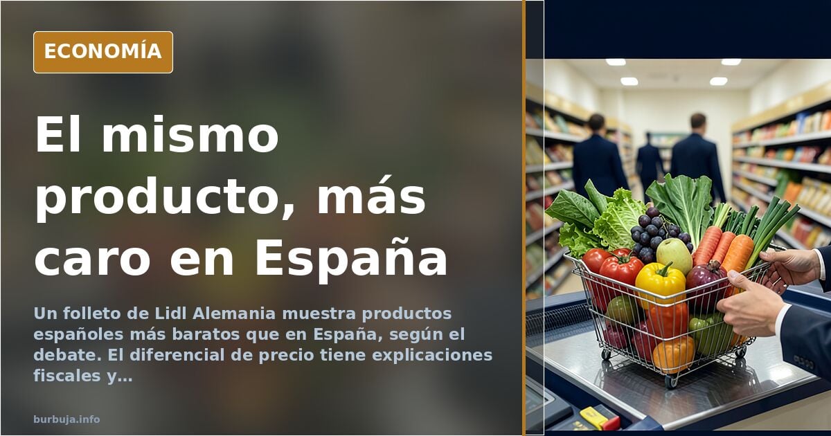 Estantería de supermercado con productos españoles y etiquetas de precio en euros, comparando el coste en España y Alemania