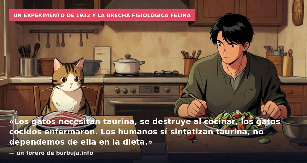 Un experimento de 1932 y la brecha fisiológica felina: «Los gatos necesitan taurina, se destruye al cocinar, los gatos cocidos enfermaron. Los humanos sí sintetizan taurina, no dependemos de ella en la dieta.» — un forero de burbuja.info