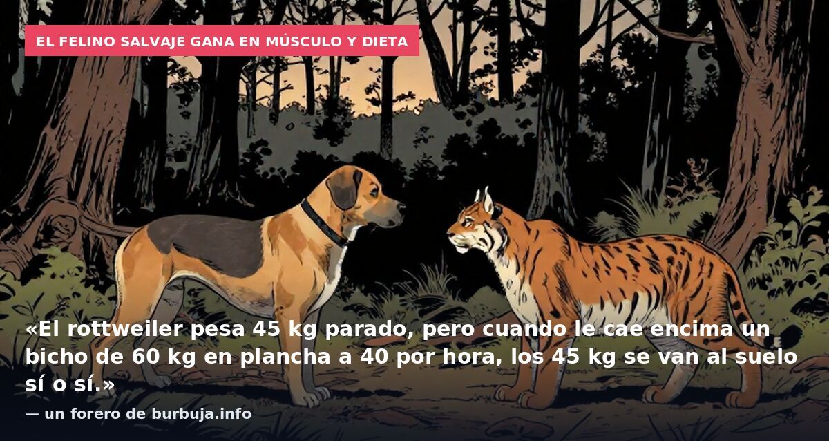 El felino salvaje gana en músculo y dieta: «El rottweiler pesa 45 kg parado, pero cuando le cae encima un bicho de 60 kg en plancha a 40 por hora, los 45 kg se van al suelo sí o sí.» — un forero de burbuja.info