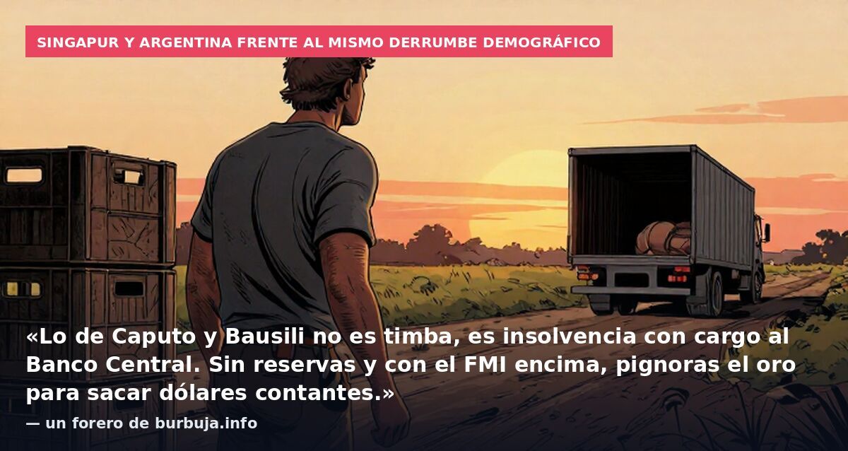 Singapur y Argentina frente al mismo derrumbe demográfico: «Lo de Caputo y Bausili no es timba, es insolvencia con cargo al Banco Central. Sin reservas y con el FMI encima, pignoras el oro para sacar dólares contantes.» — un forero de burbuja.info