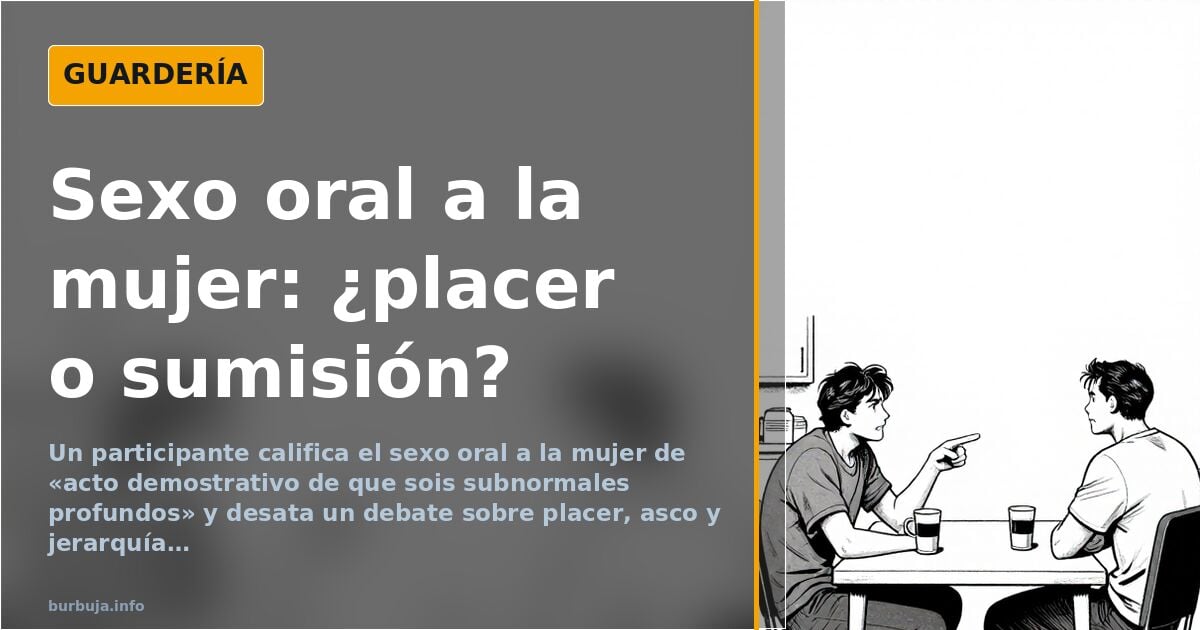 Ilustración de dos hombres discutiendo en un bar sobre sexo oral y masculinidad