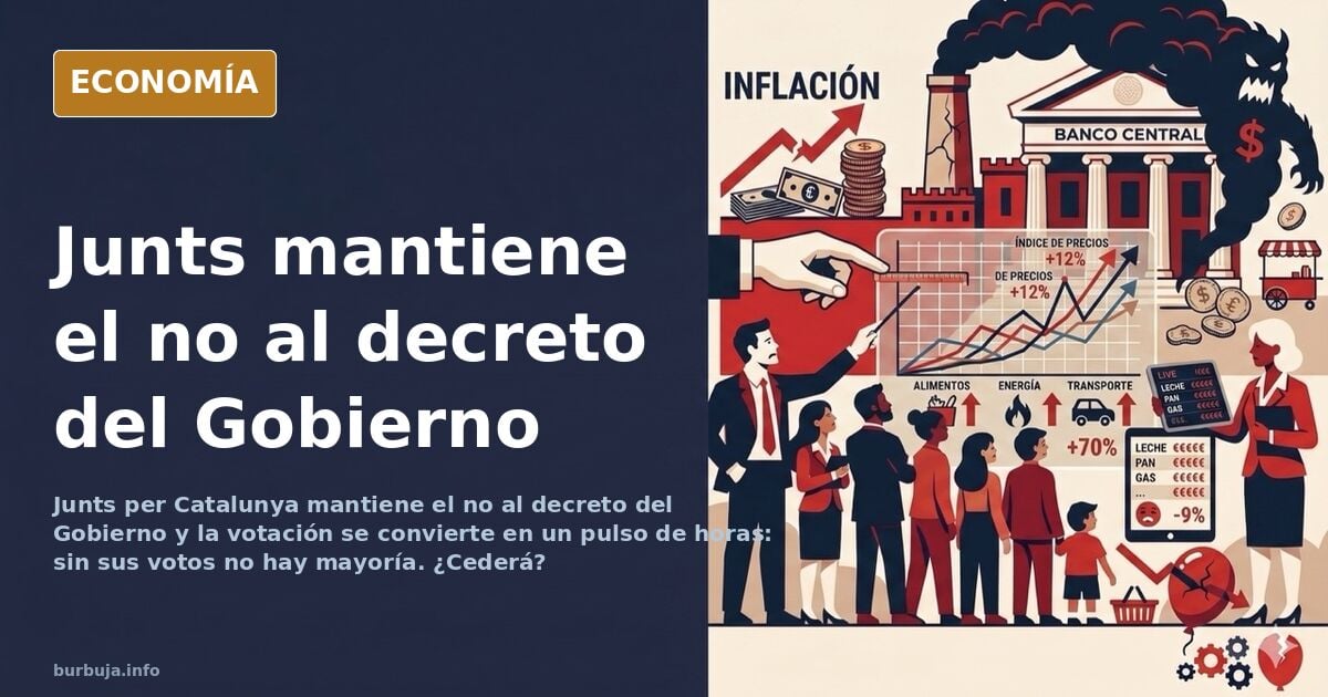 Ilustración editorial del pulso parlamentario entre Junts y el Gobierno por el decretazo y la aritmética parlamentaria