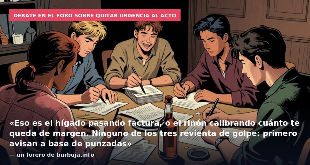Debate en el foro sobre quitar urgencia al acto: «Eso es el hígado pasando factura, o el riñón calibrando cuánto te queda de margen. Ninguno de los tres revienta de golpe: primero avisan a base de punzadas» — un forero de burbuja.info