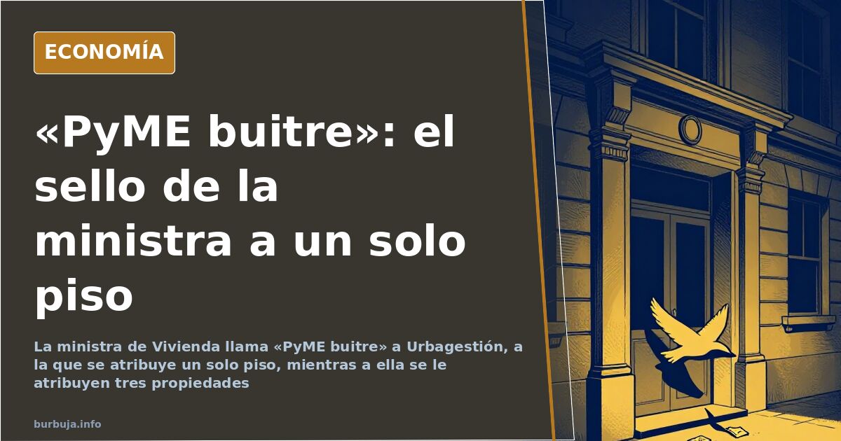 Ilustración editorial de un edificio pequeño sellado con la etiqueta pyme buitre sobre fondo azul marino y dorado