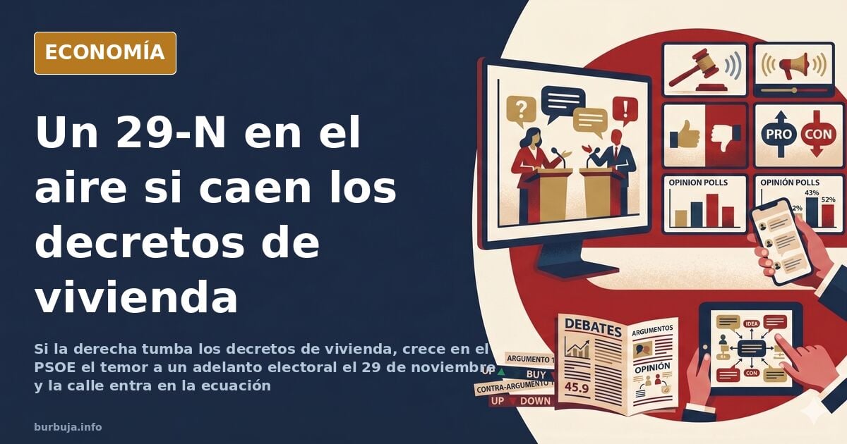Ilustración editorial de un hemiciclo y una calle en tensión por los decretos de vivienda y un posible adelanto electoral