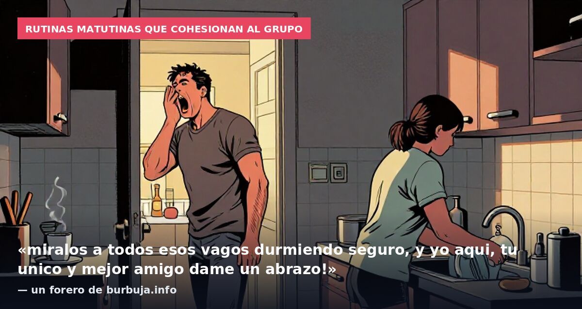 Rutinas matutinas que cohesionan al grupo: «miralos a todos esos vagos durmiendo seguro, y yo aqui, tu unico y mejor amigo dame un abrazo!» — un forero de burbuja.info