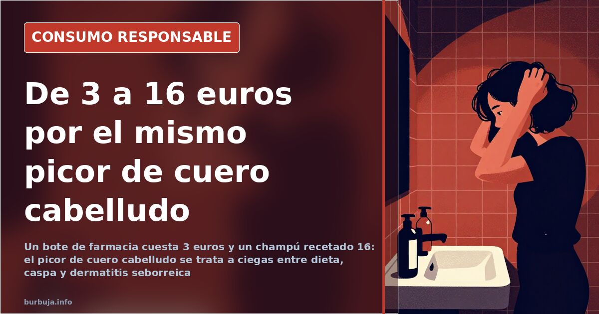 Frasco de champú suave y bote de farmacia para el picor de cuero cabelludo junto a una receta médica sobre una repisa