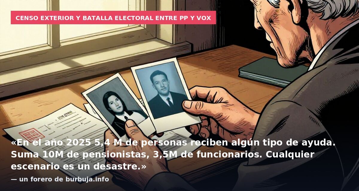 Censo exterior y batalla electoral entre PP y Vox: «En el año 2025 5,4 M de personas reciben algún tipo de ayuda. Suma 10M de pensionistas, 3,5M de funcionarios. Cualquier escenario es un desastre.» — un forero de burbuja.info