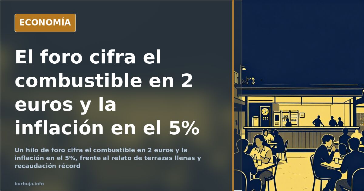 Ilustración editorial de una terraza de bar llena de clientes con un surtidor de combustible marcando dos euros al fondo, en 