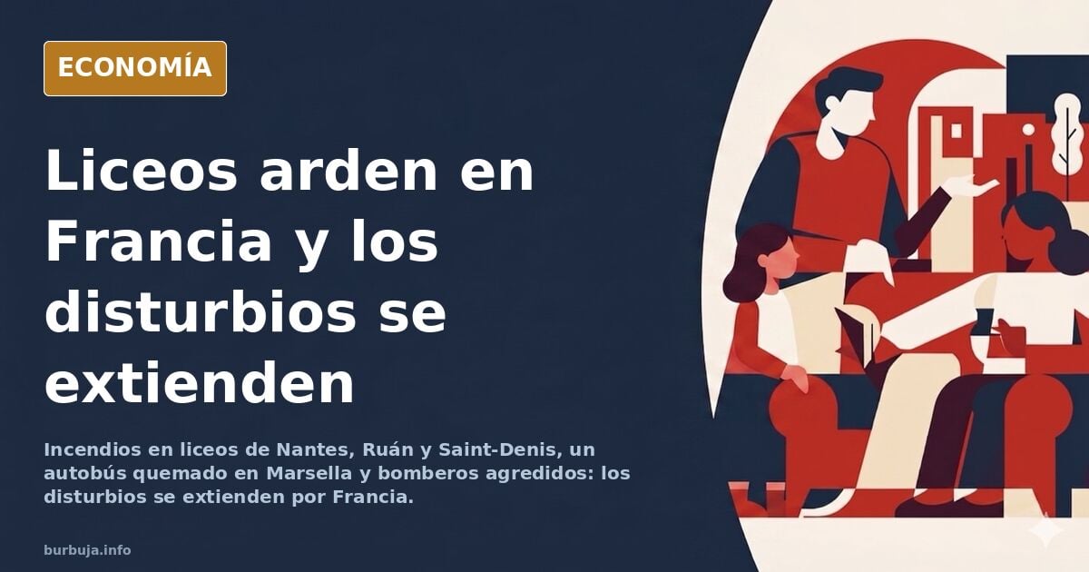 Fachada de un instituto francés con llamas en la entrada durante los disturbios, escena de los incendios en liceos franceses
