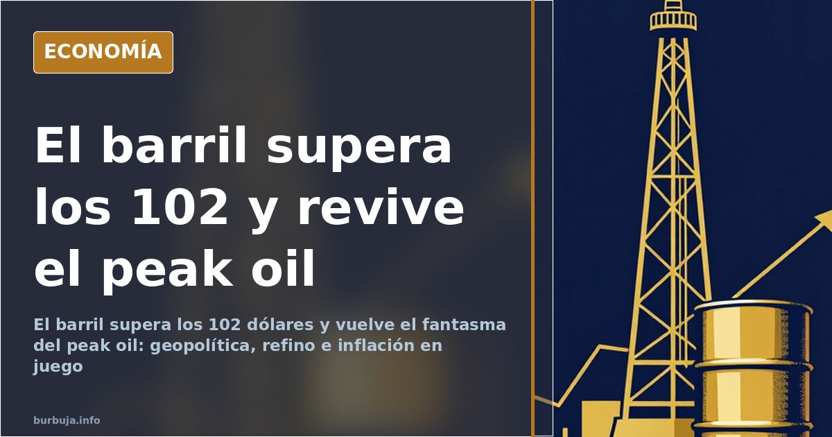Ilustración editorial con un barril de crudo, una torre de extracción y una curva de precios al alza sobre fondo azul marino