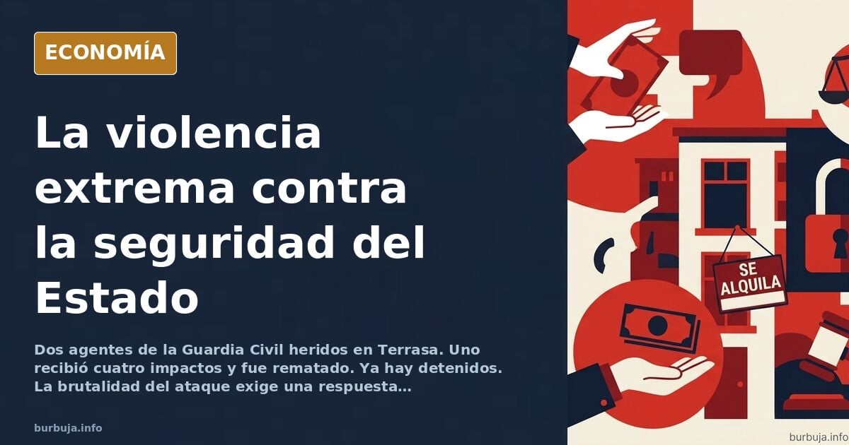 Ilustración editorial de un dispositivo de vigilancia policial en una calle urbana de Terrassa tras el tiroteo a dos guardias