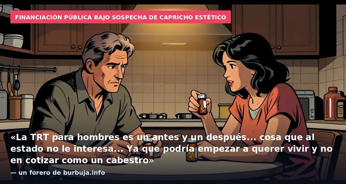 Financiación pública bajo sospecha de capricho estético: «La TRT para hombres es un antes y un después... cosa que al estado no le interesa... Ya que podría empezar a querer vivir y no en cotizar como un cabestro» — un forero de burbuja.info