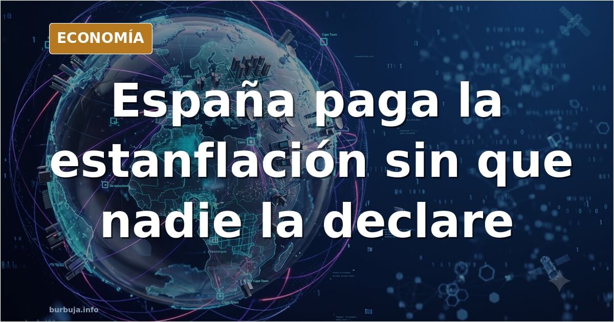 Ilustración editorial en azul marino y dorado: una cesta de la compra y gráficos que caen reflejan la estanflación en España
