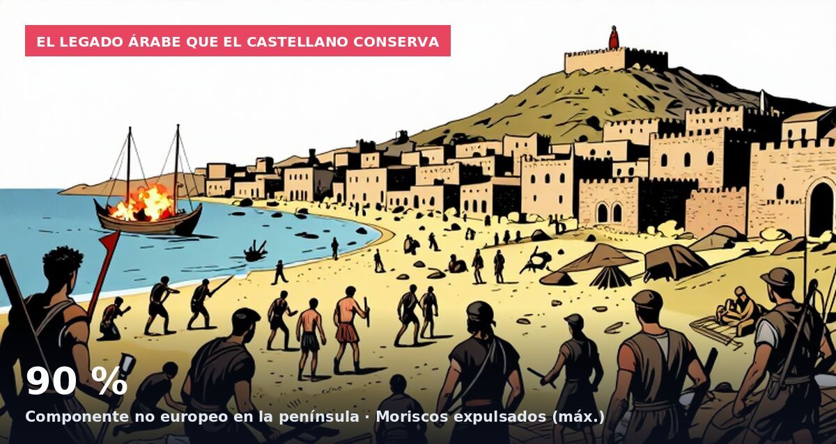 El legado árabe que el castellano conserva: 90 % Componente no europeo en la península · Moriscos expulsados (máx.)