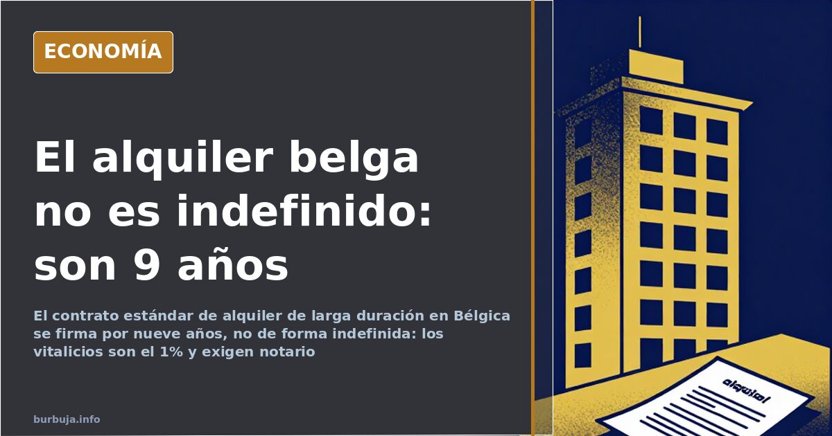 Fachada de viviendas urbanas con un contrato de alquiler de nueve años sobre una mesa, en alusión a la norma belga