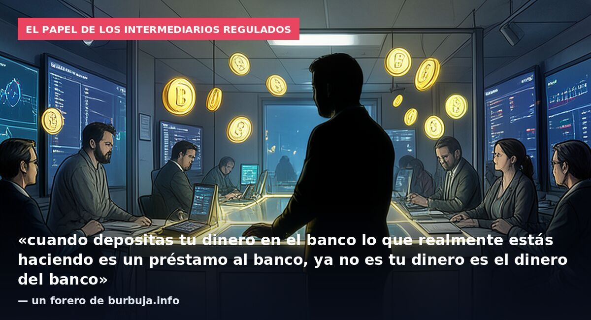 El papel de los intermediarios regulados: «cuando depositas tu dinero en el banco lo que realmente estás haciendo es un préstamo al banco, ya no es tu dinero es el dinero del banco» — un forero de burbuja.info