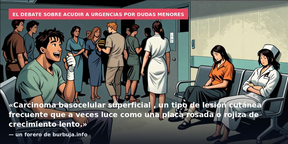 El debate sobre acudir a urgencias por dudas menores: «Carcinoma basocelular superficial , un tipo de lesión cutánea frecuente que a veces luce como una placa rosada o rojiza de crecimiento lento.» — un forero de burbuja.info
