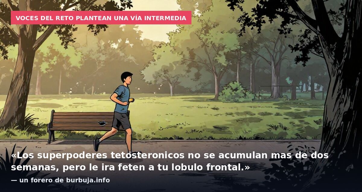 Voces del reto plantean una vía intermedia: «Los superpoderes tetosteronicos no se acumulan mas de dos semanas, pero le ira feten a tu lobulo frontal.» — un forero de burbuja.info