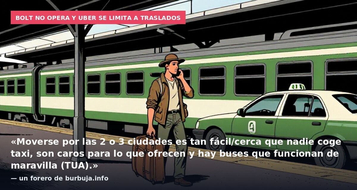 Bolt no opera y Uber se limita a traslados: «Moverse por las 2 o 3 ciudades es tan fácil/cerca que nadie coge taxi, son caros para lo que ofrecen y hay buses que funcionan de maravilla (TUA).» — un forero de burbuja.info