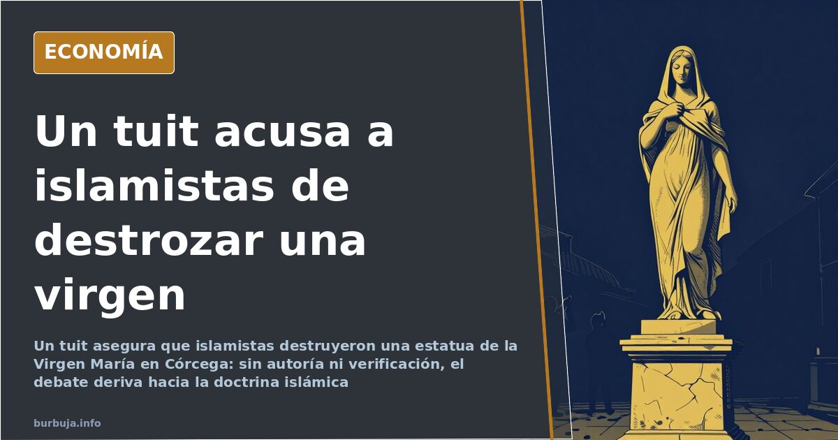 Estatua de una figura femenina velada, dañada en su pedestal en una plaza de Córcega, con una silueta grabando con el móvil