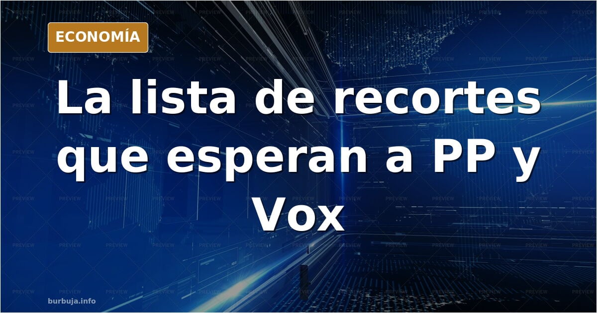 Ilustración editorial sobria de un despacho vacío con una carpeta de recortes de gasto público sobre la mesa